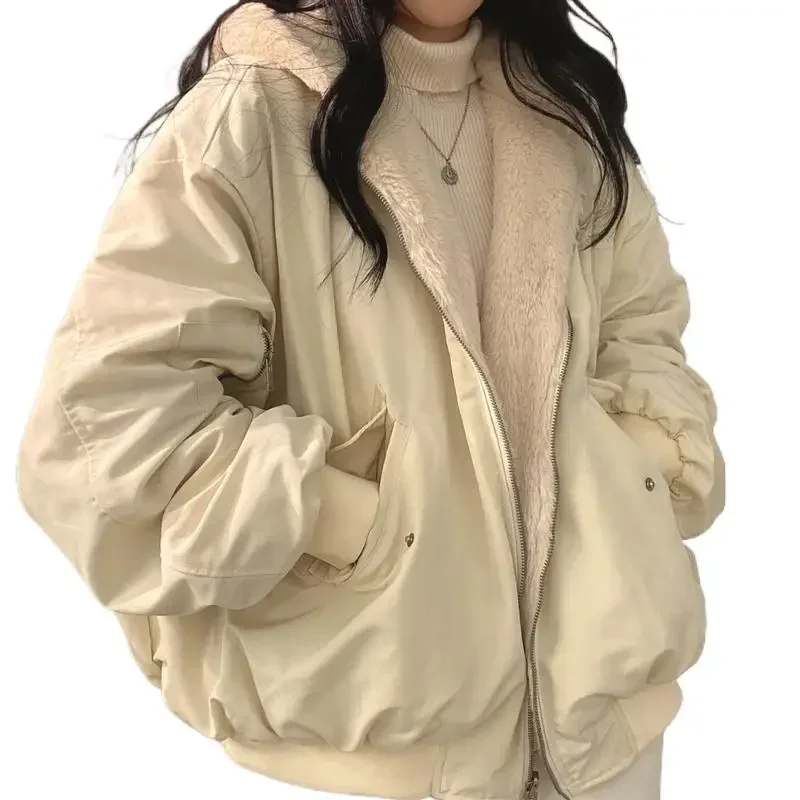 Winter 2022 New Cashmere Thickening Hooded Short Coat On Both Sides Lamb Wool Cotton Coat Cotton Women's Wear Chaquetas  Y2k Trf