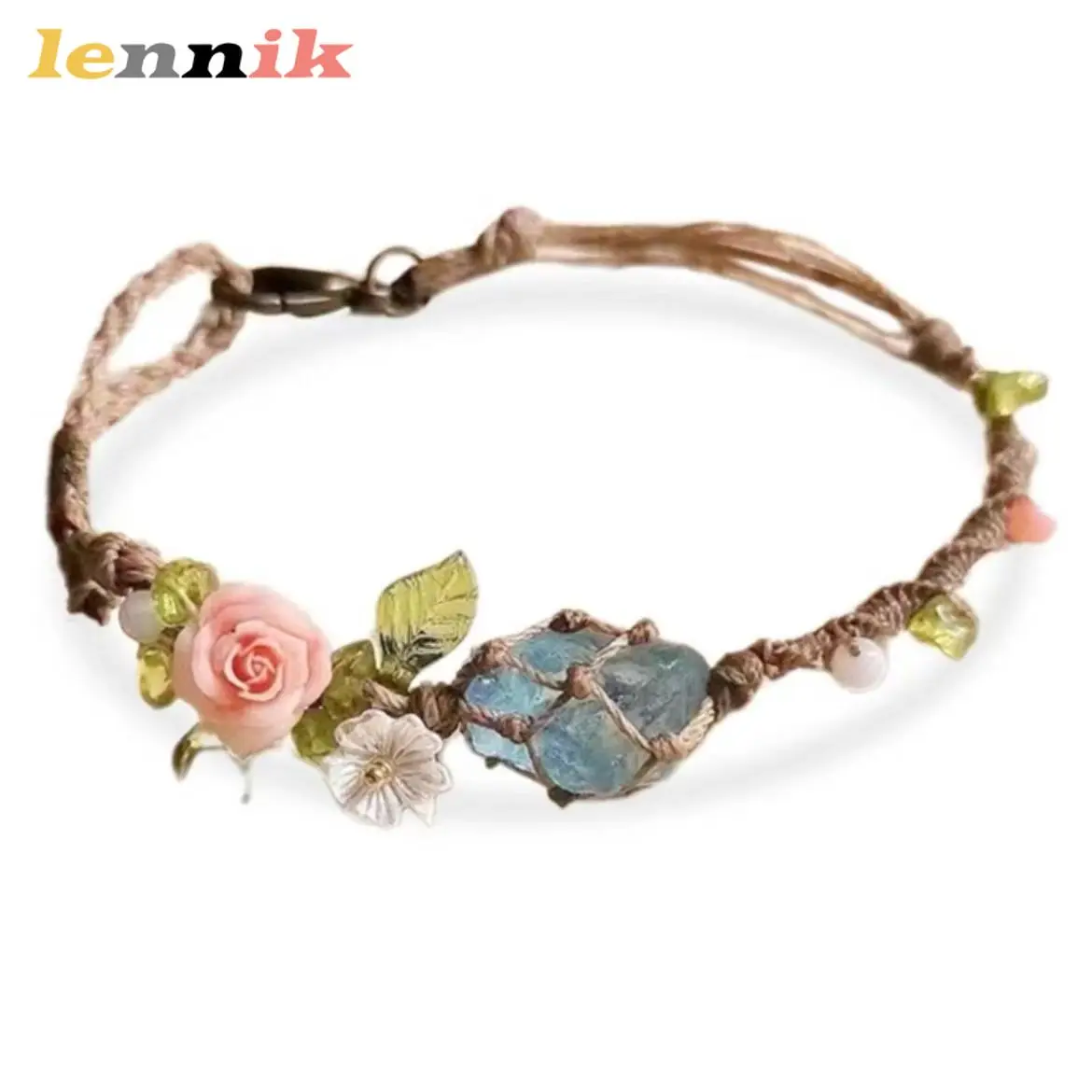 LENNIK Neues vielseitiges Paar-Armband, Rosen-Aquamarin-Rohstein, handgefertigte Makramé-Netzschnur, trendiges Schmuckzubehör