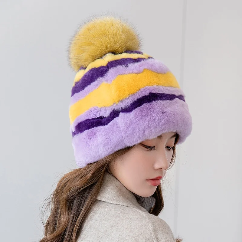 Ladies Sweet Cute Warm Fur Hat Winter Rex Rabbit Fur Striped Design Fur Hat Fox Fur Ball Decorated High Quality Outdoor Hat