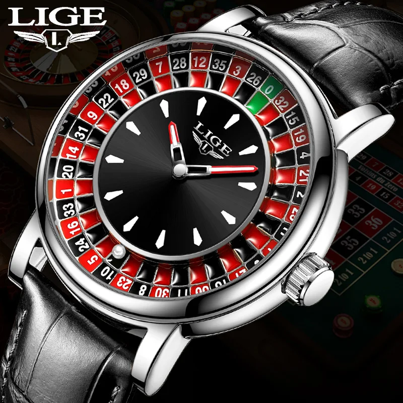 Reloj LIGE con esfera de ruleta rusa para hombre, reloj de pulsera con rueda de esfera creativa para hombre, reloj de pulsera de cuero de negocios luminoso y giratorio con bola de la suerte