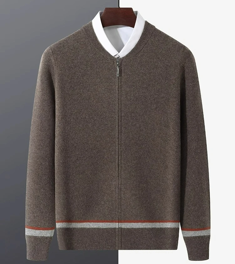

100% Australian wool cardigan men's autumn and winter new versatile contrasting casual sweater trendy baseball jacket