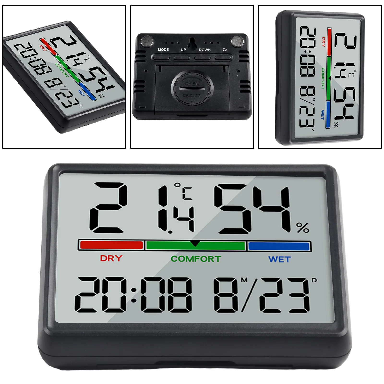 LED ميزان الحرارة الحرارية الرطوبة متعددة الوظائف الإلكترونية درجة الحرارة مقياس الرطوبة بطارية تعمل بالطاقة منبه رقمي على مدار الساعة