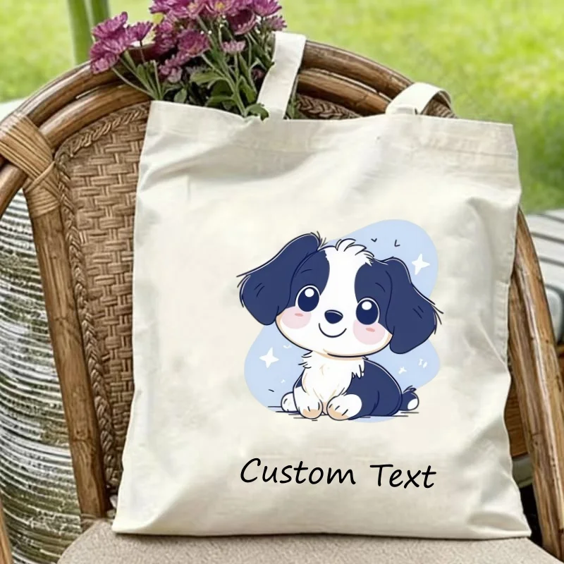 1PC Custom Text Canvas Tote Bag Cute Cartoon Border Collie Puppy Star Print Shoulder Reusable Shopping Handbag Women Gift