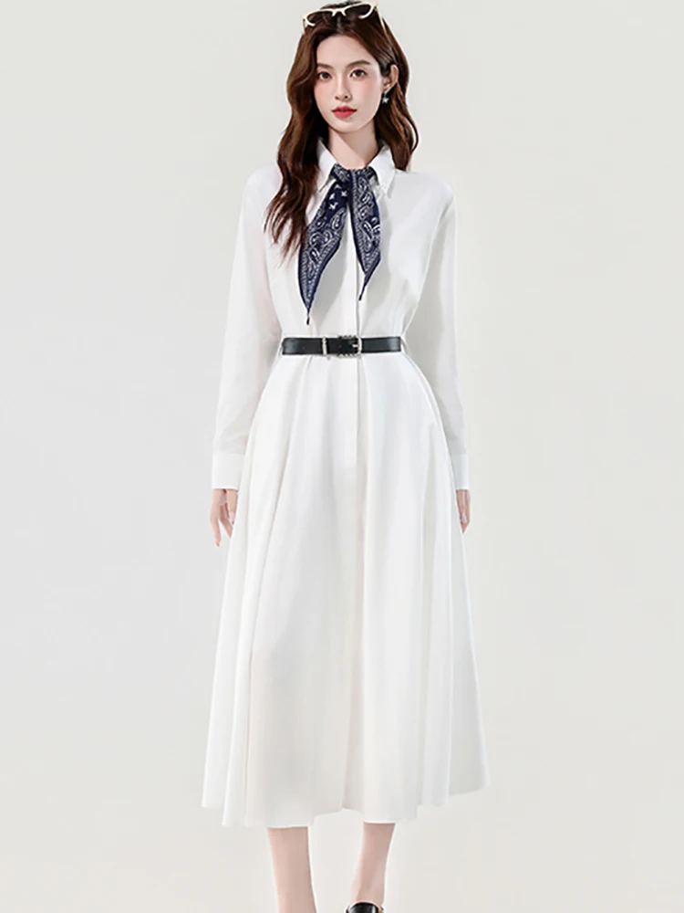 

2025 New White Long Sleeve Polo Collar Shirt Dress Women Elegant Bodycon Bandage Long Dress Autumn Korean Fashion Chic Vestidos