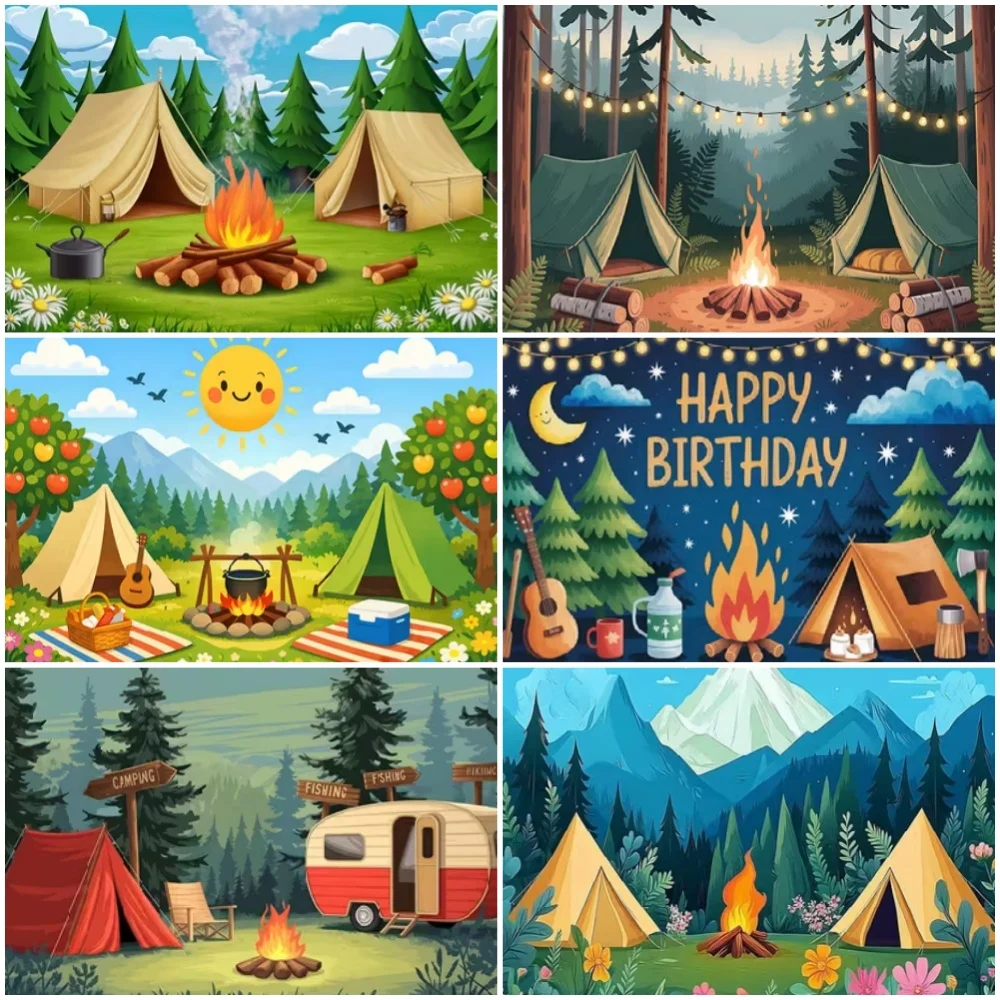 Outdoor Hiking Camping Theme Backdrop Tent Forest Kid Gift Camping Party Decoration Background Travel Photography Banner Props