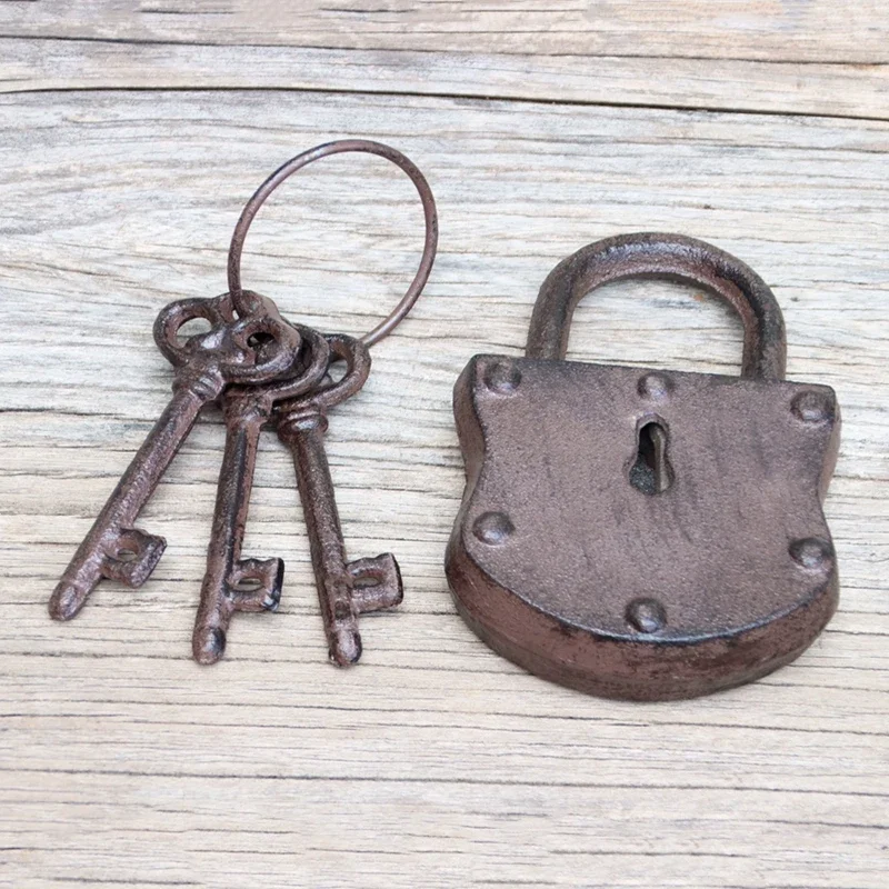 Cast Iron Padlock With 3 Jailers Skeleton Keys On A Ring Old Rusty Metal Padlock With Keys Farmhouse Garden Decor Antique Style