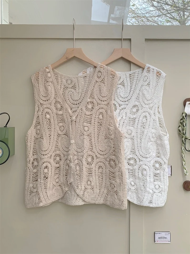 レディース ホローアウト イレギュラー ベスト 韓国風 スリム ショルダーフック フラワー アウル トップス アウター 夏 ファッション