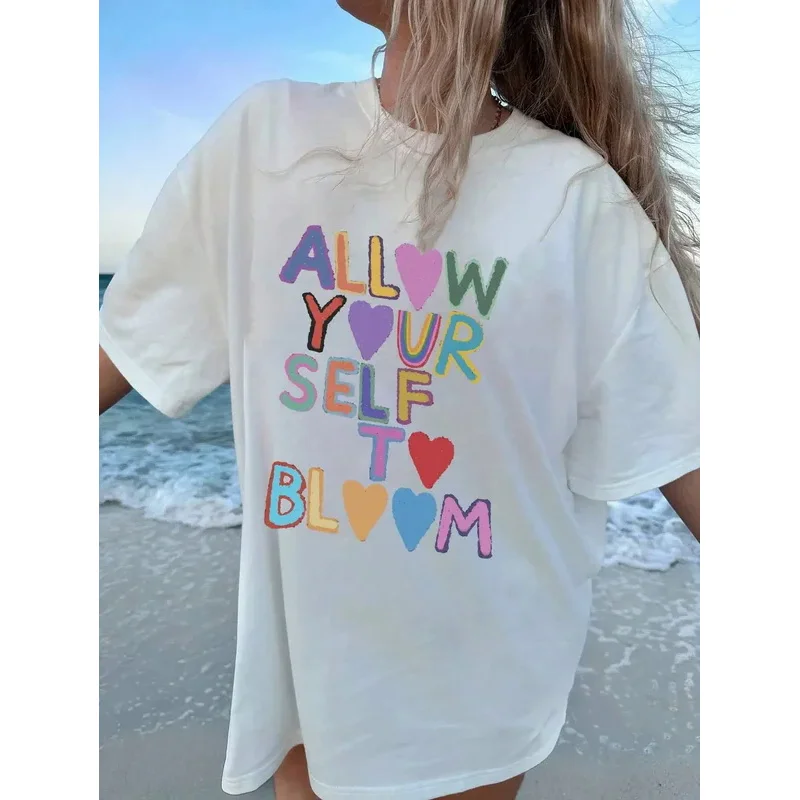 Allow Your Self To Bloom Letter Graphic Printing T-Shirt Women Oversized T Shirts O-Neck Cool Clothes Casual Summer Tees