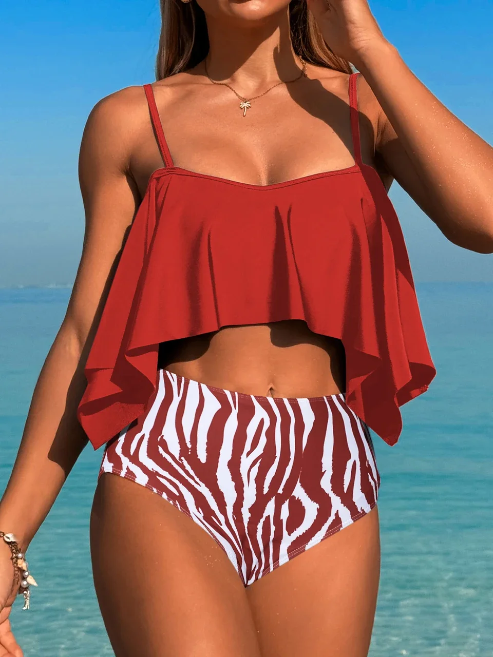 High Waist Bikini Women Print Swimwear 2025 Fashion Ruffle Trim Swimsuit Femaile Bathers Bathing Swimming Suit Beachwear Summer