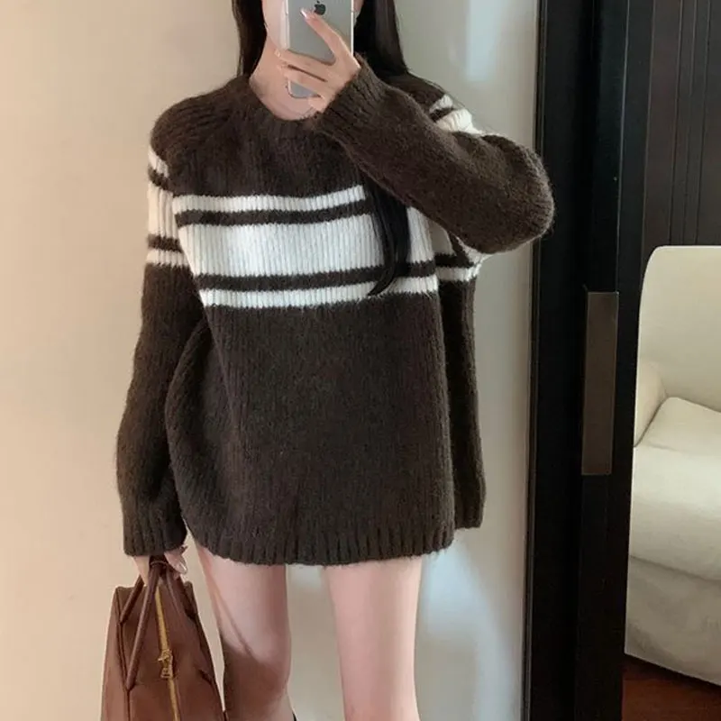 

Vintage Striped Round Neck Jumpers Knitted Autumn Winter Loose Contrasting Colors Women's Clothing Long Sleeve Casual Sweaters