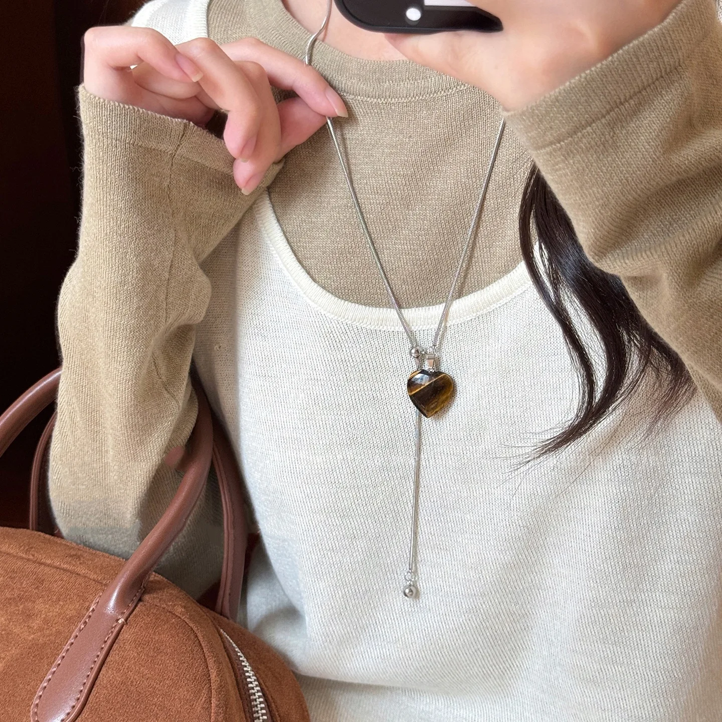 Necklace Tiger Eye Flower Heart Drawstring Unique Vintage Retro Premium Quality Women Sweater Chain Autumn Winter