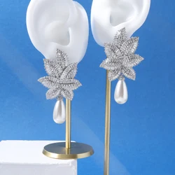 TIRIM Pearl Earrings for Women Luxury Trendy Gift Leaf Shape Cubic Zircon Banquet Nigeria Jewelry  Earrings Accessories