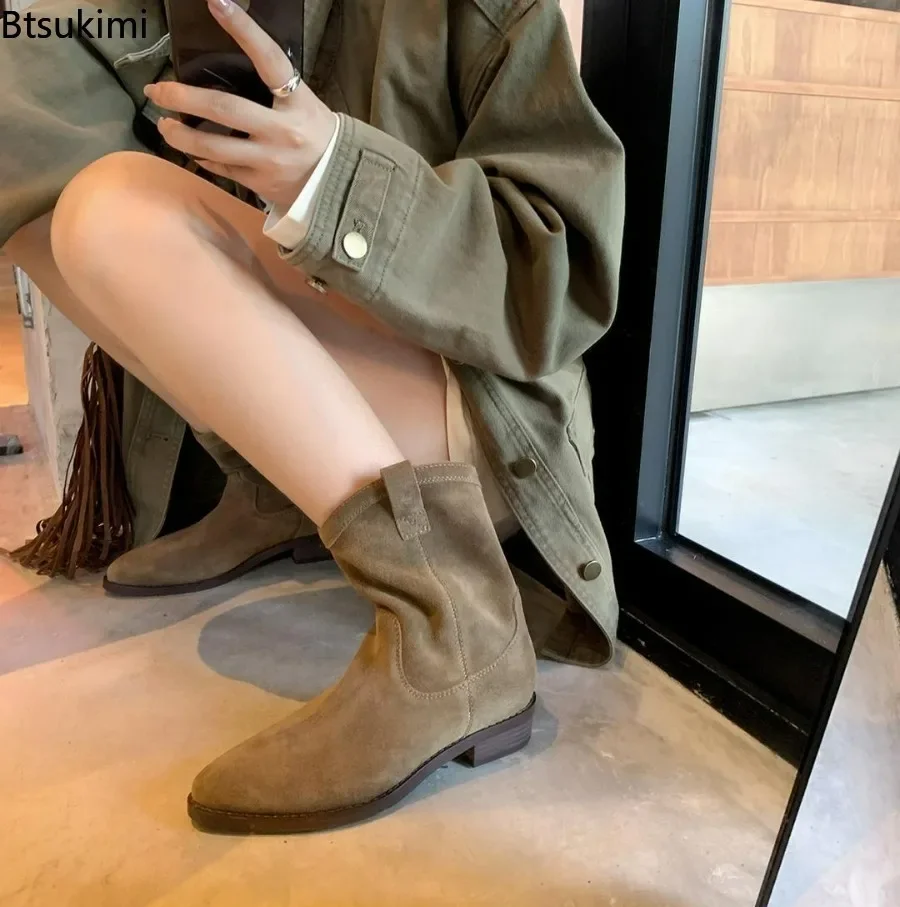 

2024 Women's Suede Western Boots Martin Boots Pointed Toe Mid-Calf Boots Female Spring Autumn Cowgirl Cowboy Short Booties Shoes