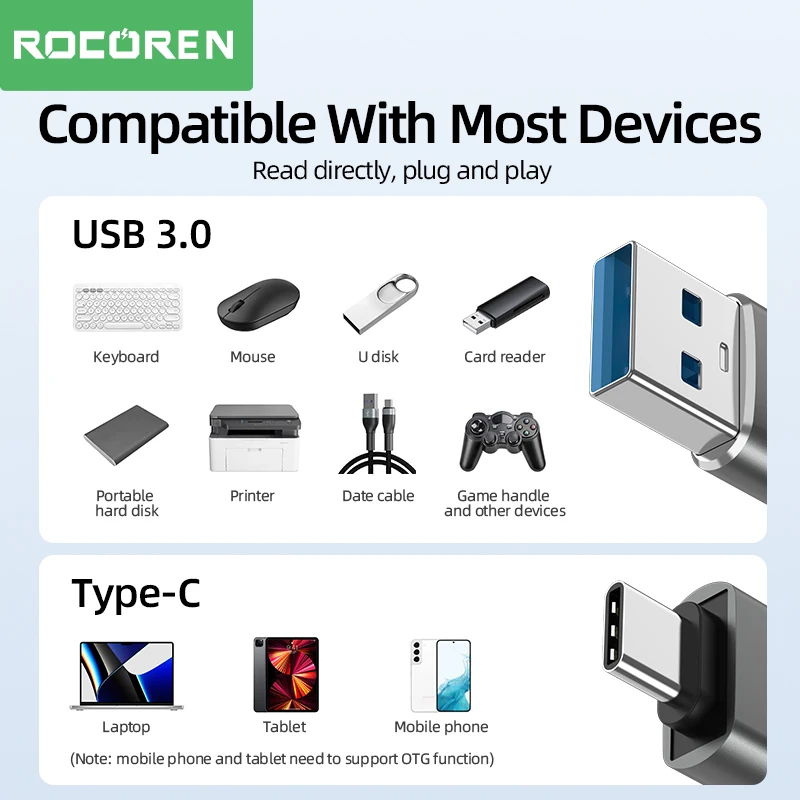 Rocoren-USB Tipo C Adaptador OTG, macho para USB 3.0 Cabo Feminino, Conversor para Macbook, Samsung S22, S20, Xiaomi, 5Gbps