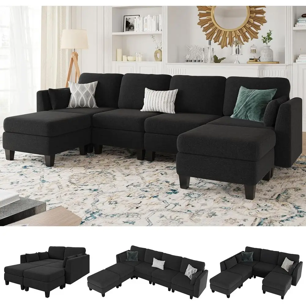 

6-Seat Sleeper Sofa Couch, Comfortable Sectionals, Convertible Sofas with Ottomans, Black Living Room Furniture