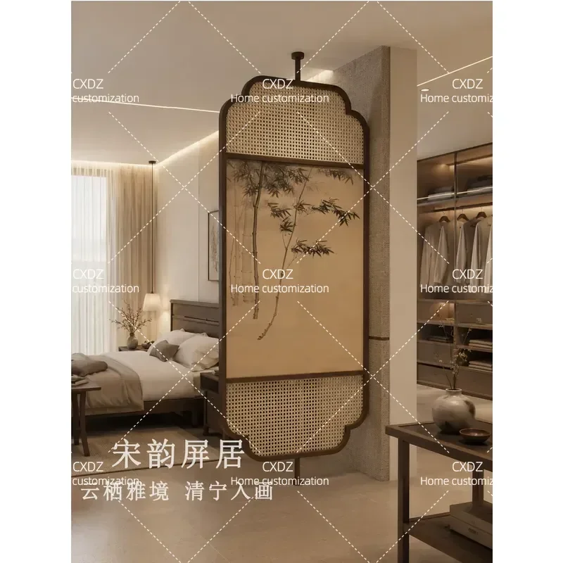Bamboo Shadow Solid Wood Rattan Rotatable Screen Partition for Living Room Sofa Tea Room Bedroom Door Song Style Aesthetics