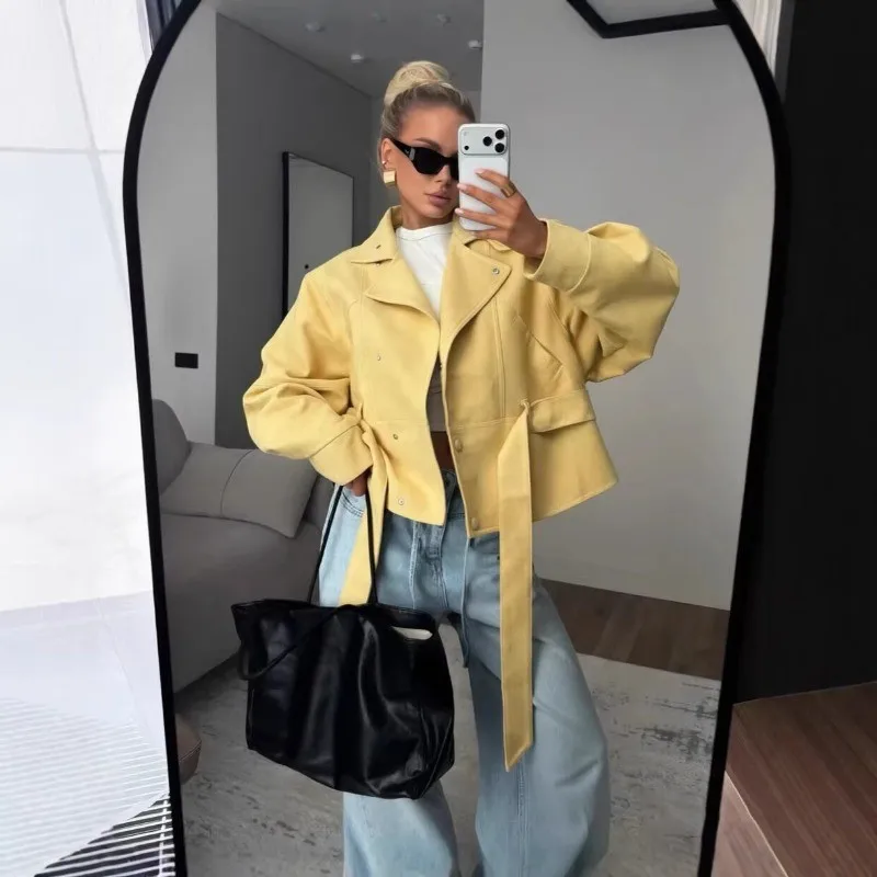 Women Lapel Moto Jacket with Belt Waist Tie Cropped Trench Coat Style Long Sleeve Outerwear Versatile and Fashionable