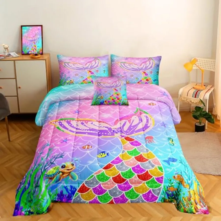 

6 Pieces Mermaid Scale Glitter Comforter Set Fish Scale Shell Starfish Girls Bedding SetGradient Rainbow Mermaid Tail Bed in A