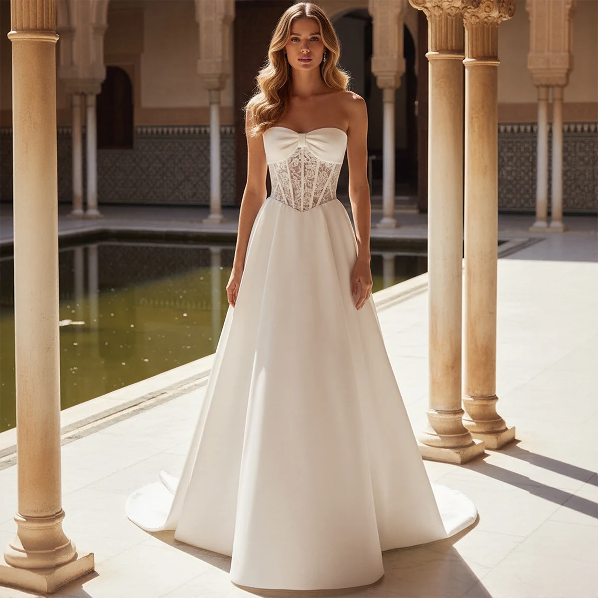 

Simple Lace Strapless Wedding Dress For Women Vestidos Novia A Line Satin Bridal Party Gown Long Ball Gown For Bride