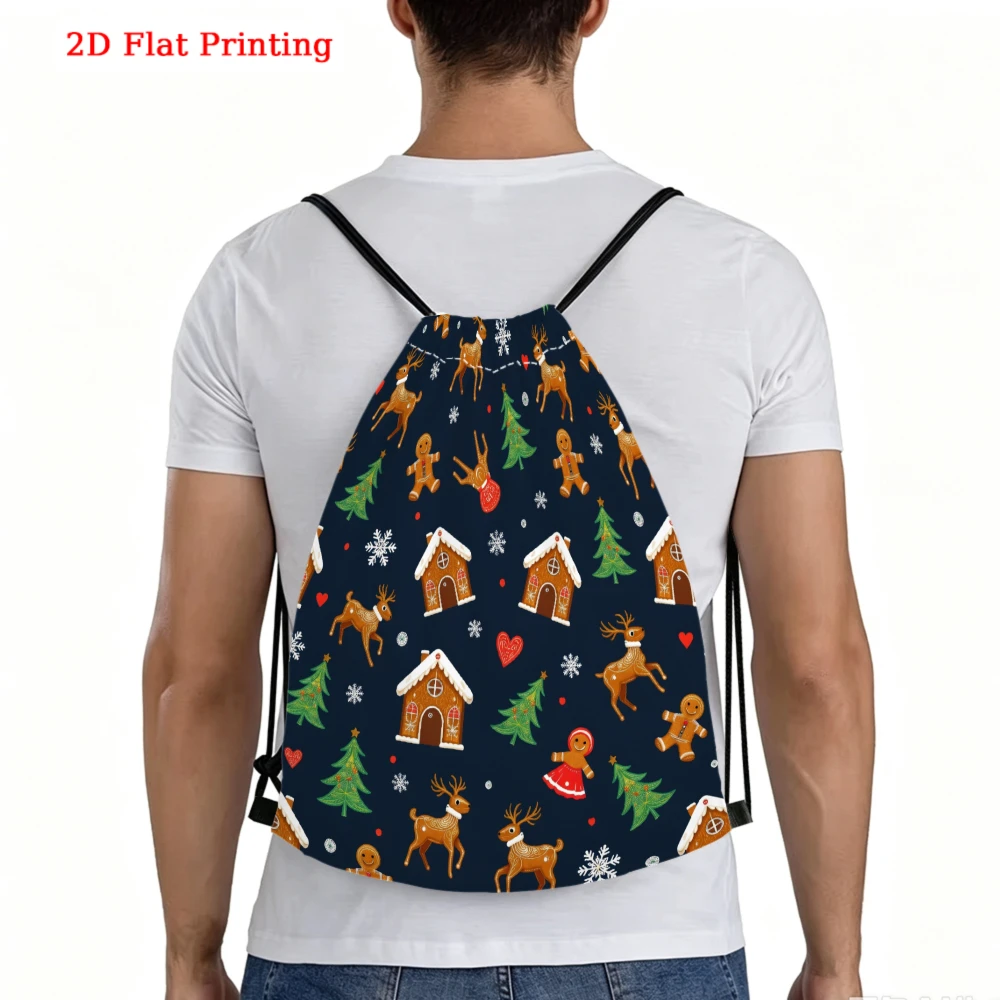 Christmas 2D Gingerbread House & Reindeer Print Drawstring Backpack for Fitness Sports Outdoor Travel