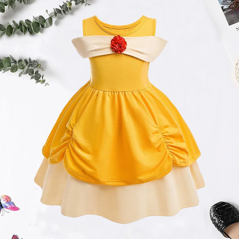 Disney Princess Girls Casual Dress Summer Elsa Anna Ariel Dress Cute Cotton Girl Casual Dress Rapunzel Cosplay Kids Clothing