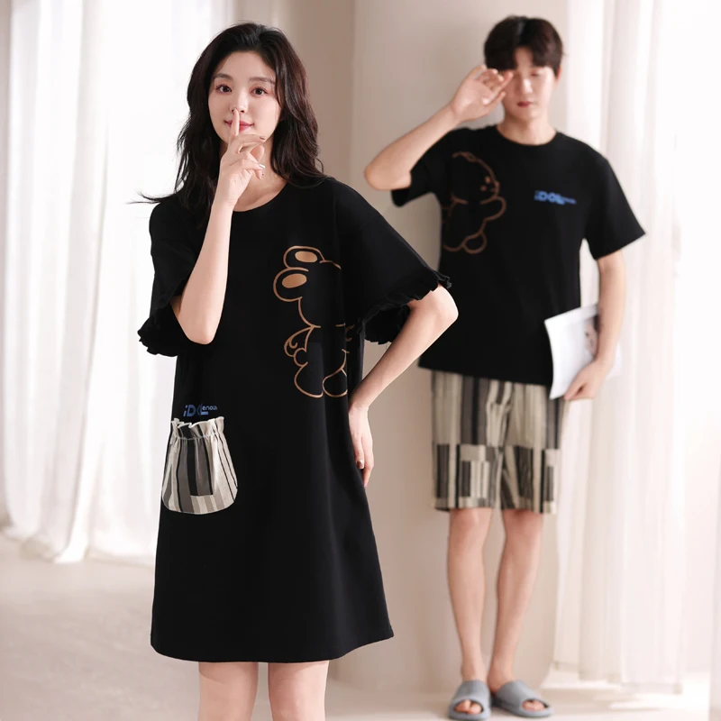 New arrival Cute Cartoon Pajama Sets Summer 100%Cotton Men Short Sleeve Pyjamas Sexy Women Nightgown