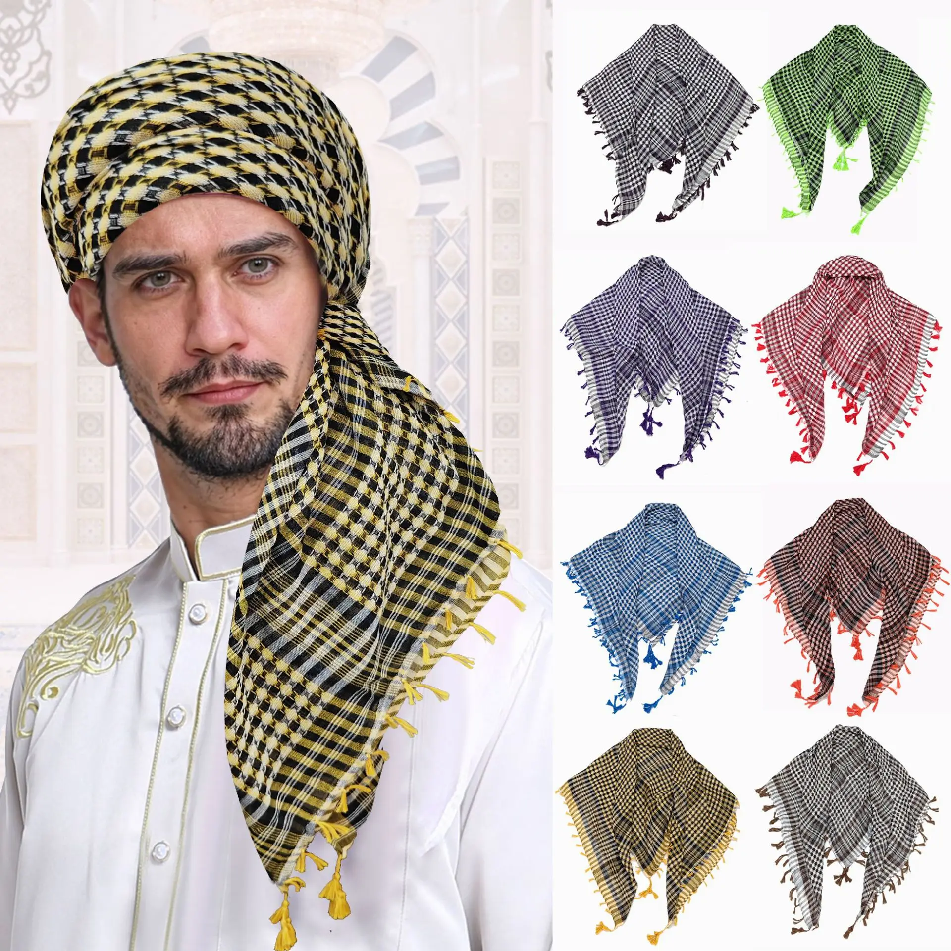 Houndstooth Bandana With Four-side Tassels Windproof Desert Neck Gaiter Tactical Scarf Multi-use Head Wrap Outdoor Face Cover