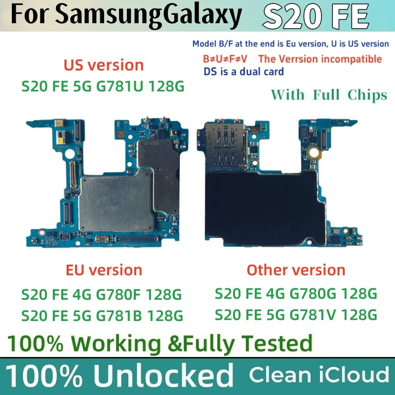 Fully Tested For Samsung Galaxy S20 FE 4G G780F Motherboard Unlocked S20FE 5G G781U G781B Logic Board with Full Chips MainBoard