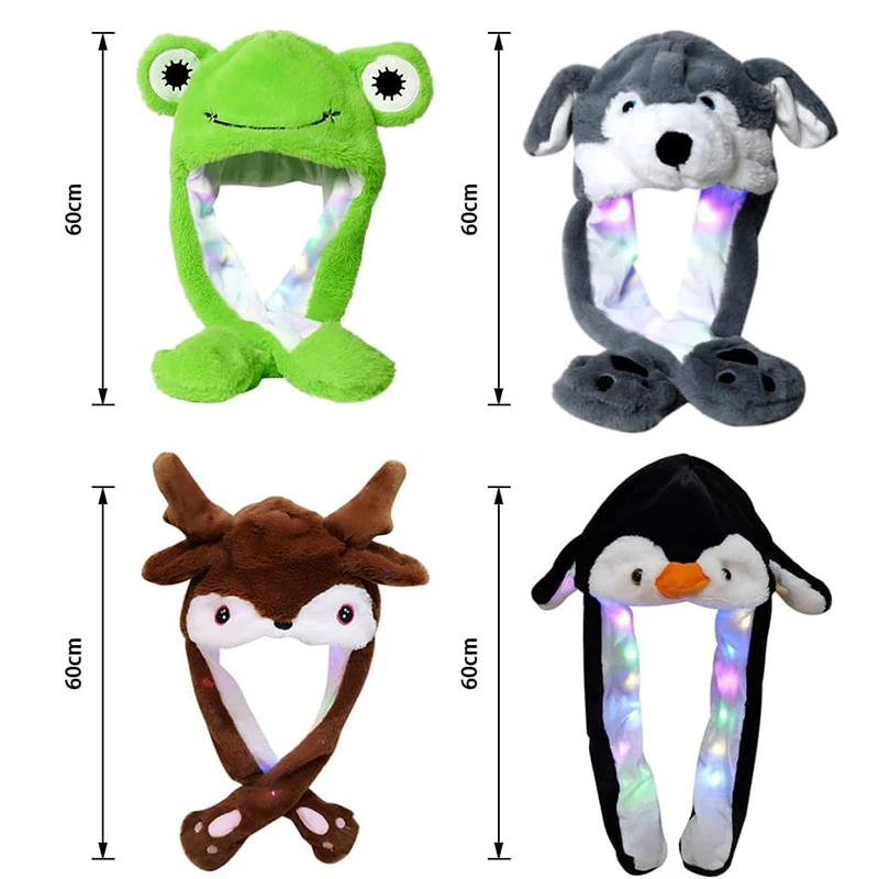 Glowing Animal Frog Hat Floppy Led Light Ears Moving Jumping Pop Up Beating Plush Dress Up Cartoon Cute Hat for Adult and Kids