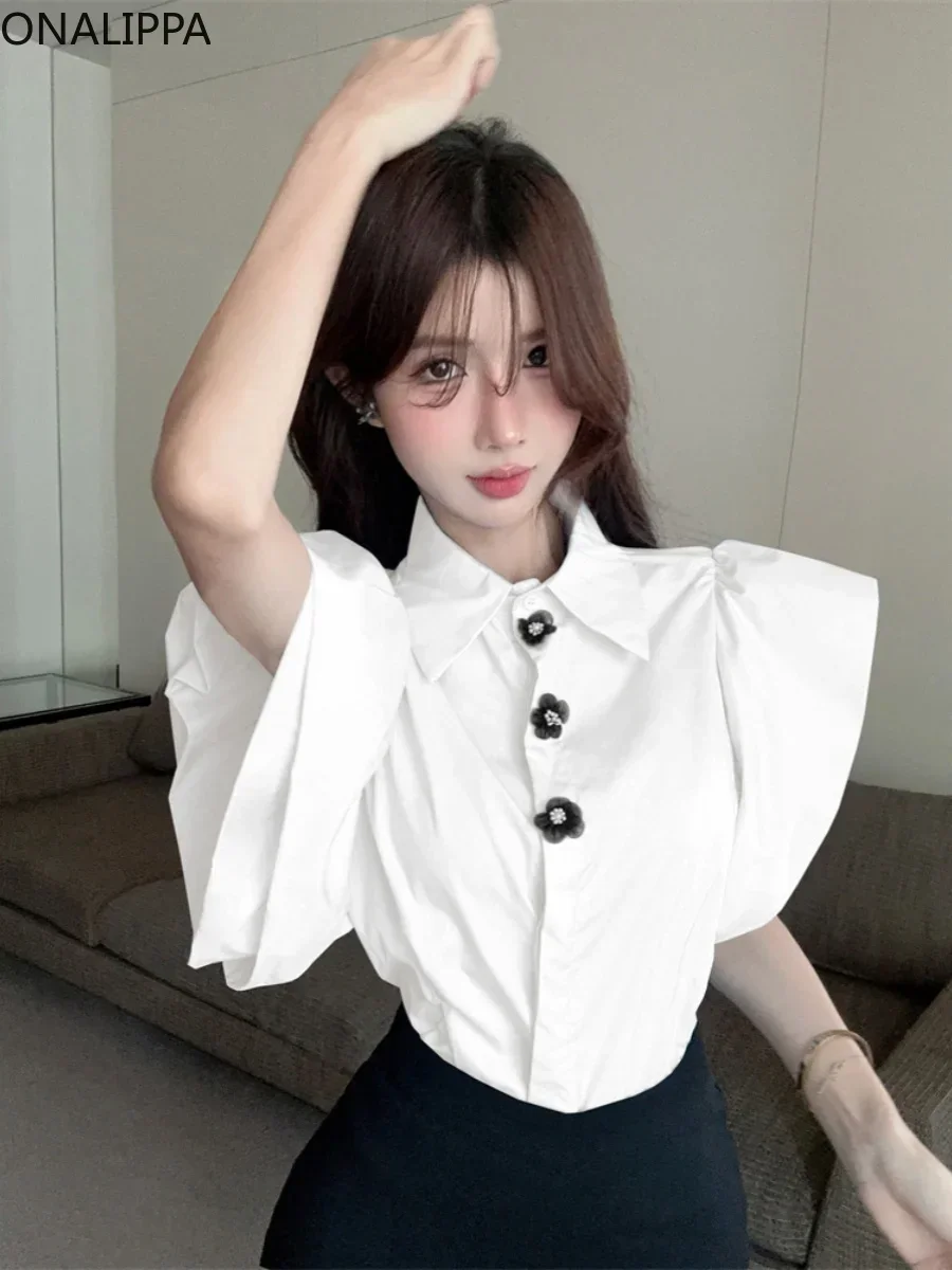 Onalippa Ruffles Lotus Leaf Sleeve Sweet Blouse Women Three Dimensional Flowers Shirts French Style Small Fresh Solid Shirt