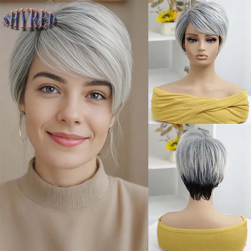 

Synthetic Short Straight Wig Pixie Cut Wigs Gray Gradient Wigs With Bangs For Women Cosplay Wig Heat Resistant Fiber