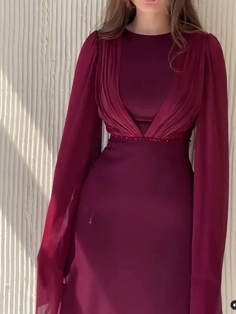 우아한 레이스업 허리 솔리드 새틴 이브닝 드레스 여성 패션 스플라이싱 드레이프 롱 드레스 캐주얼 O넥 긴팔 파티 드레스