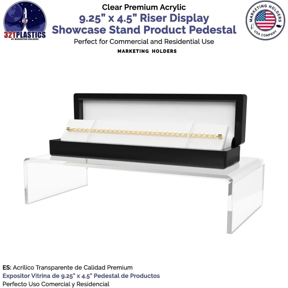 Stand display riser akrilik bening, lebar 9 inci x kedalaman 4,5 inci, platform pajangan meja persegi panjang dari bahan lucite untuk pajangan koleksi mer