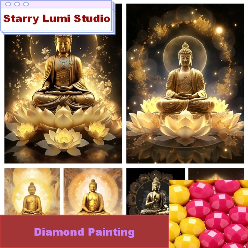 5d Diamond Painting Arrival Fantasy Golden Buddha Lotus Diy Full Mosaic Buddhist Flowers Picture Home Decor