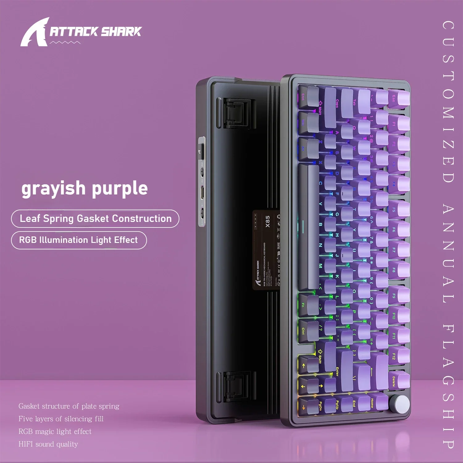 Attack Shark X85 Gaming Mechanical Keyboard 2.4G Tri-Mode Bluetooth RGB TFT Screen Metal Knob Full-Key Hot-Swap Compatible Gift