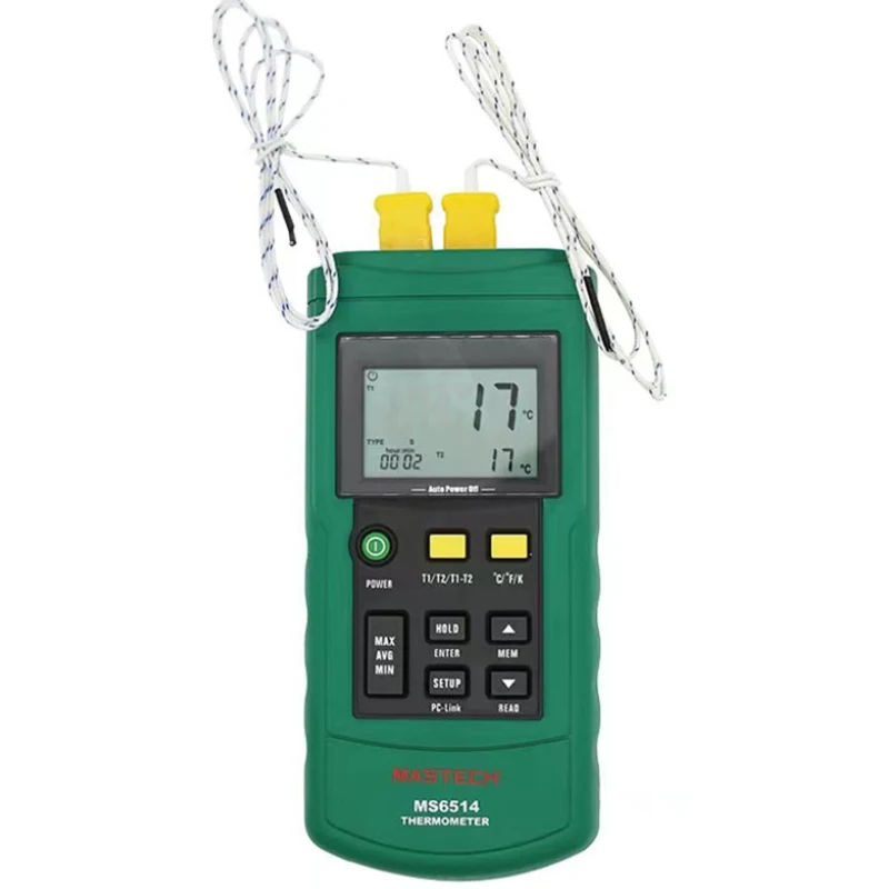 MASTECH MS6514 ميزان الحرارة الرقمي ثنائي القناة + 1 قطعة 50 مللي متر و 1 قطعة 100 مللي متر K-نوع الحرارية استشعار درجة الحرارة التحقيق