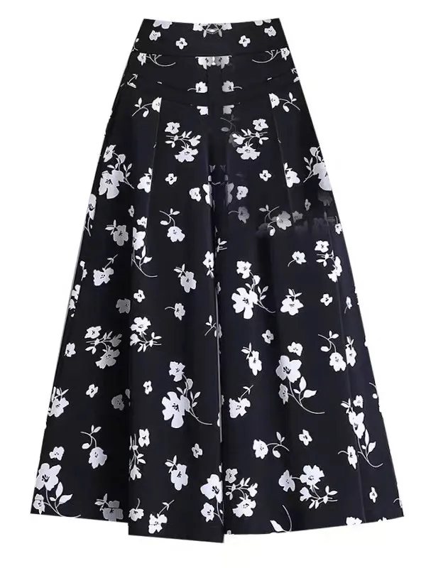 Zomer Dunne Ijs Zijde Casual Wijde Pijpen Broek Dames Nieuwe Losse Afslankende Bloemenprint Zeven Voeten Rok Hoge Taille Midi Rok