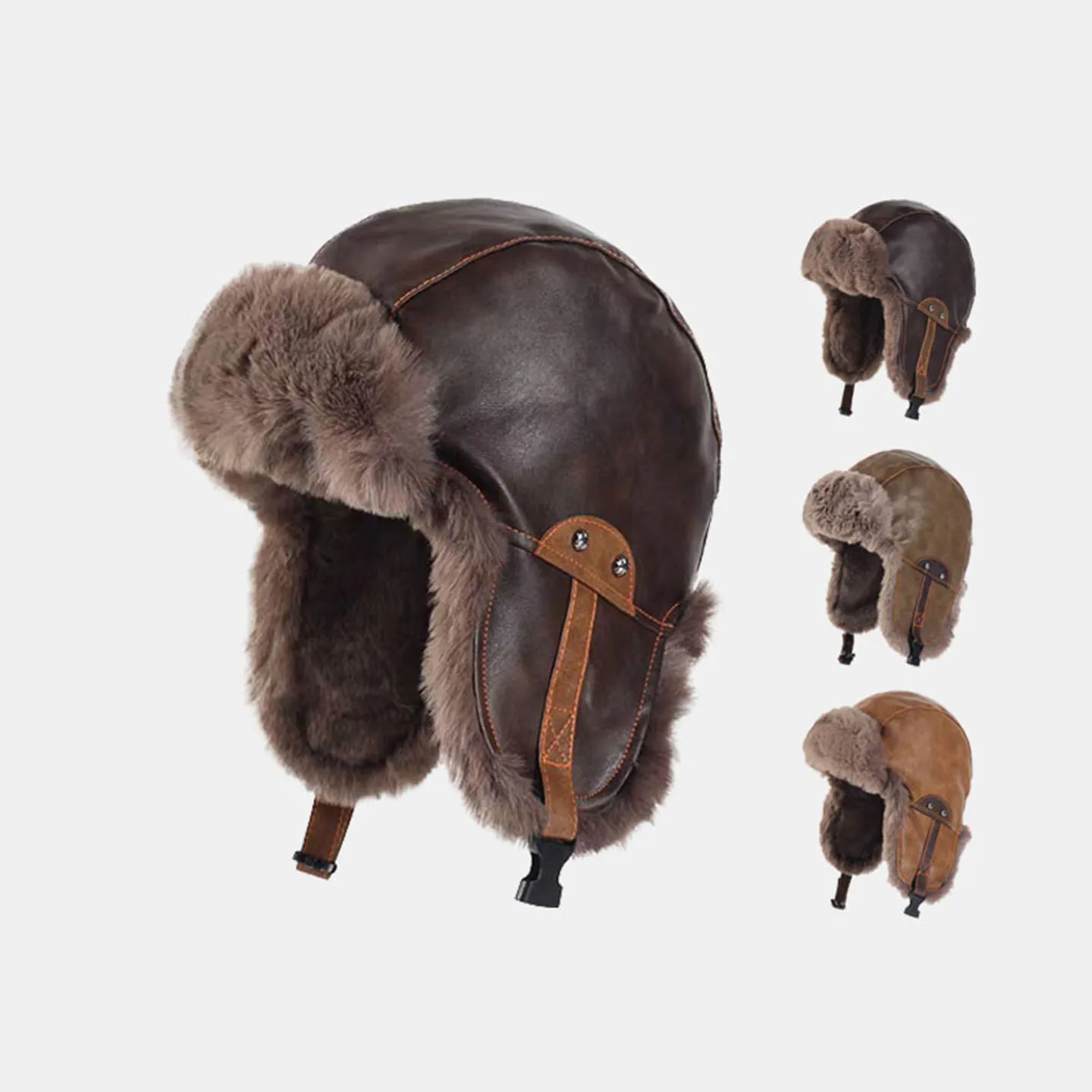 1pcs New Winter Men Pu Leather Hat Natural artificial Rabbit Fur Bomber Hat Outdoor Windproof Super Warm Rabbit Fur Caps
