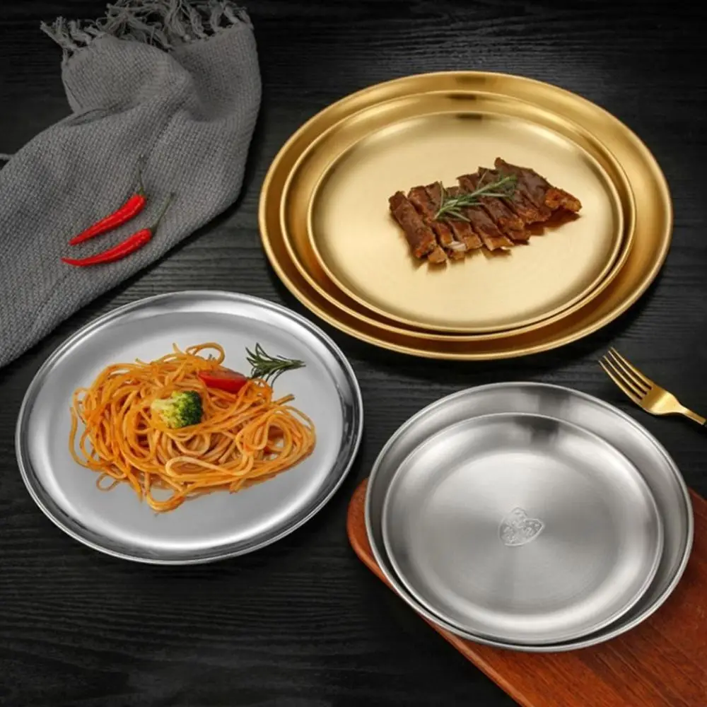 1Pc Shallow Stainless Steel Plate Dining Disc Fruit Cake Snacks Pasta Steak Food Tray Kitchen Accessories 14/17/20/23/26CM