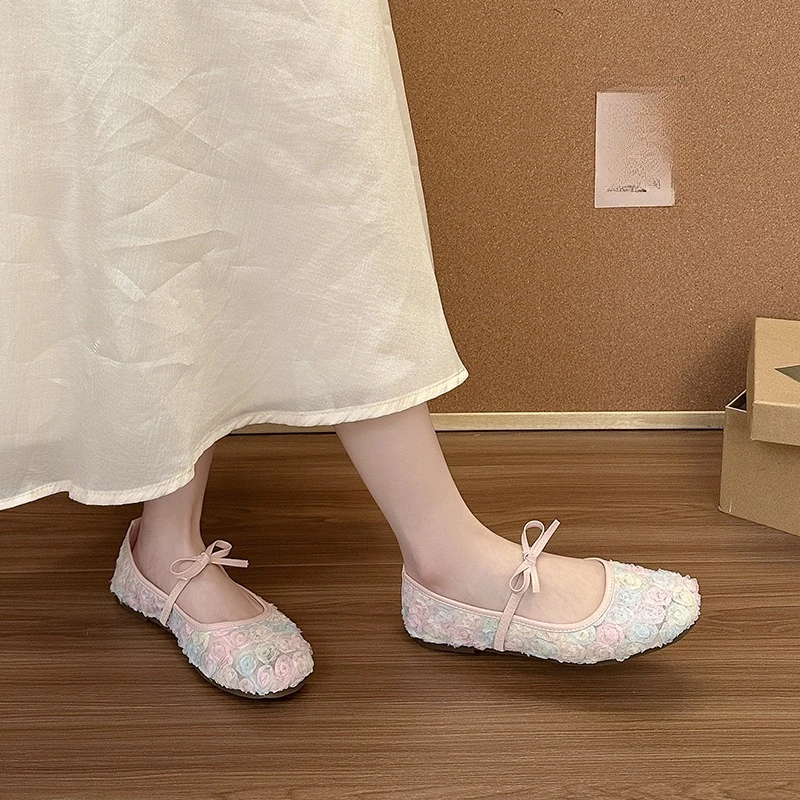 

2026 Spring Bow Fairy Lace Single Shoes Women's Shallow Flat Breathable Mesh Ballet Mary Jane Shoes