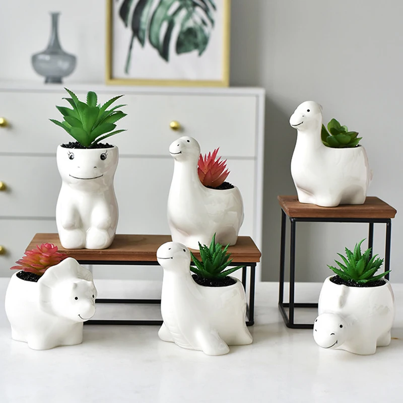 Cartoon Animal Dinosaur Ornament Home Office Desktop Decor Bonsai Planter Crafts White Porcelain Succulent Flowerpot Personality