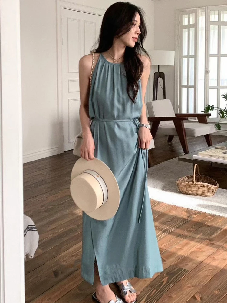 Vaion Sle Off-oulder Long Dr Women's High Waist A-Line Skirt without Sve Summer Season Hanging Ne Pleated Dr