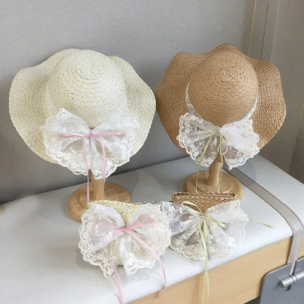 

Comfortable Sweet Bowknot Straw Sun Hat Ribbon Korean Style Girls Bucket Hat Lace Brim Breathable Woven Handbag