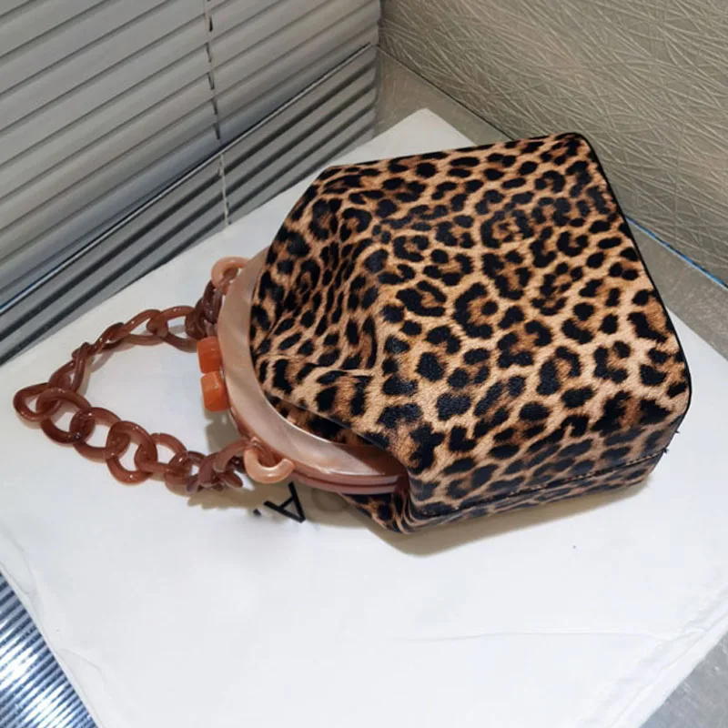 Brown Leopard print design bucket bag chain strap crossbody bag 2024 new clip women handbag shoulder bag