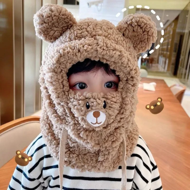 Cute Bear Winter Plush Children Scarf Hat Baby Thick Warm Masked Hood Cap Kids Outdoor Ski Windproof Beanies ​Neck Snood 3-8Y