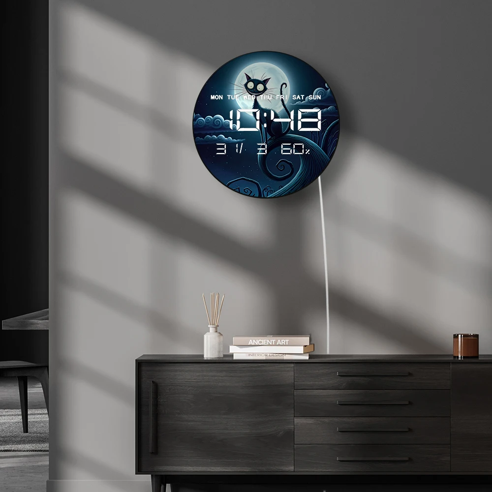 ساعة حائط رقمية من شيشاير كات مع قمر LED ديكور منزلي كرتوني ساعة حائط إلكترونية مع تقويم تاريخ درجة الحرارة والرطوبة