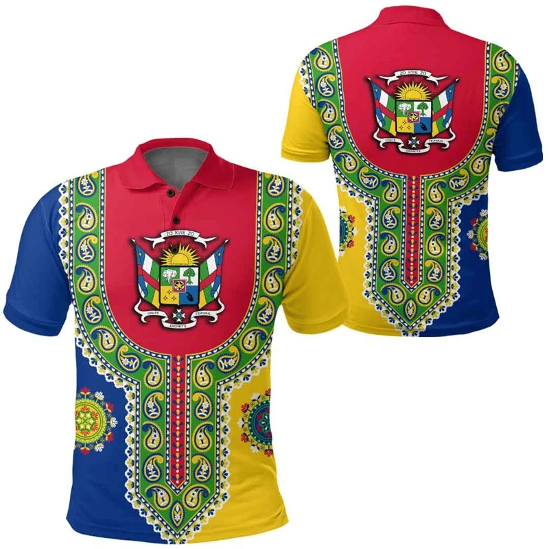 Full Print Central African Republic Flag Map Polo Shirts For Men Clothes National Emblem Button POLO Shirt Tee Tops Camisetas