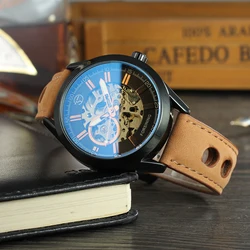 2024 Blue Glass Skeleton Mechanical Watch Male Automatic Movement Leather Wrist Watches Waterproof High End Luxury reloj hombre