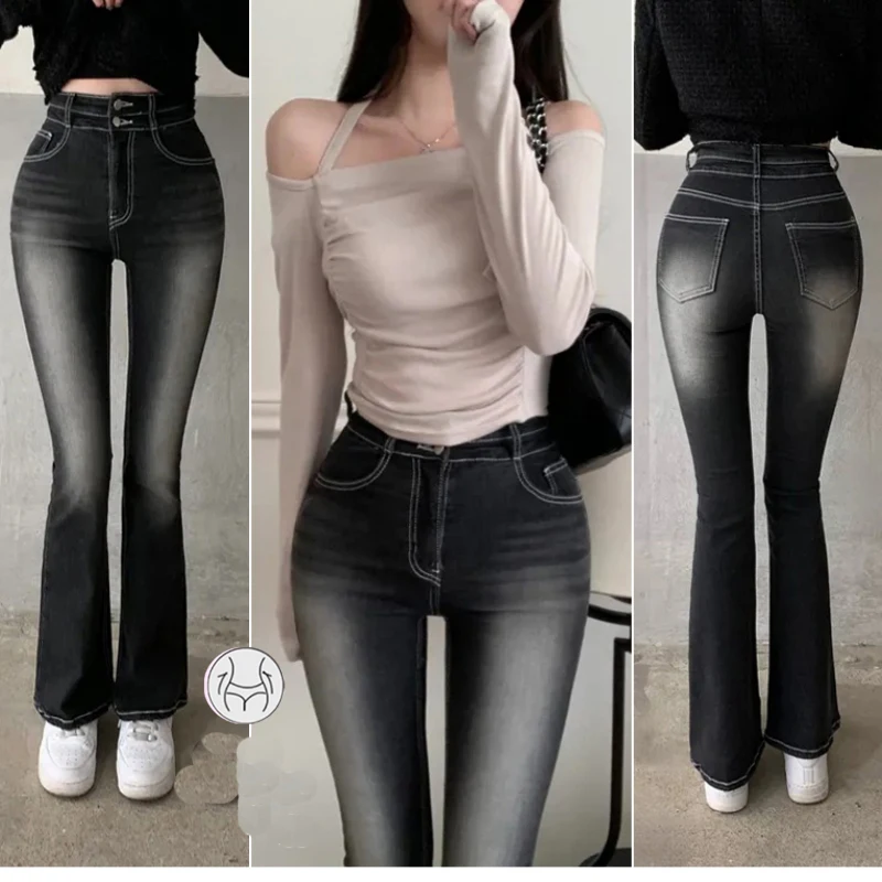 High Waist Bell Bottom Jeans Women's Double Buckle Waist Cinching Hip Enhancing Butt Lifting Denim Cotton Polyester Blend Cas