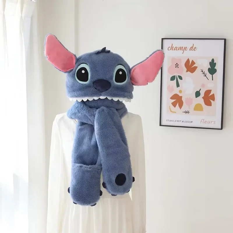 Disney Cute Stitch Ear Hat Scarf Gloves Set Winter Women Beanies Caps Warm Casual Plush Hats Cartoon Solid Fleece Girl Cute Gift